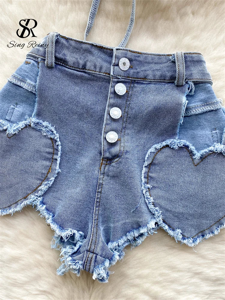 SINGREINY American Hotsweet Sets Halter Sleeveless Backless Love Tops+High Waist Button Basics Shorts Fashion Sexy Denim Suits