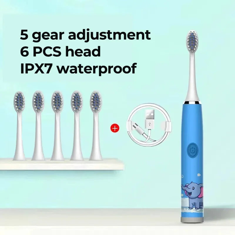 Colorful Sonic Children's Electric Toothbrush Rechargeable Cartoon Design Automatic IPX7 Waterproof with 5 Replacement Heads Children Oral Hygiene Supplies
