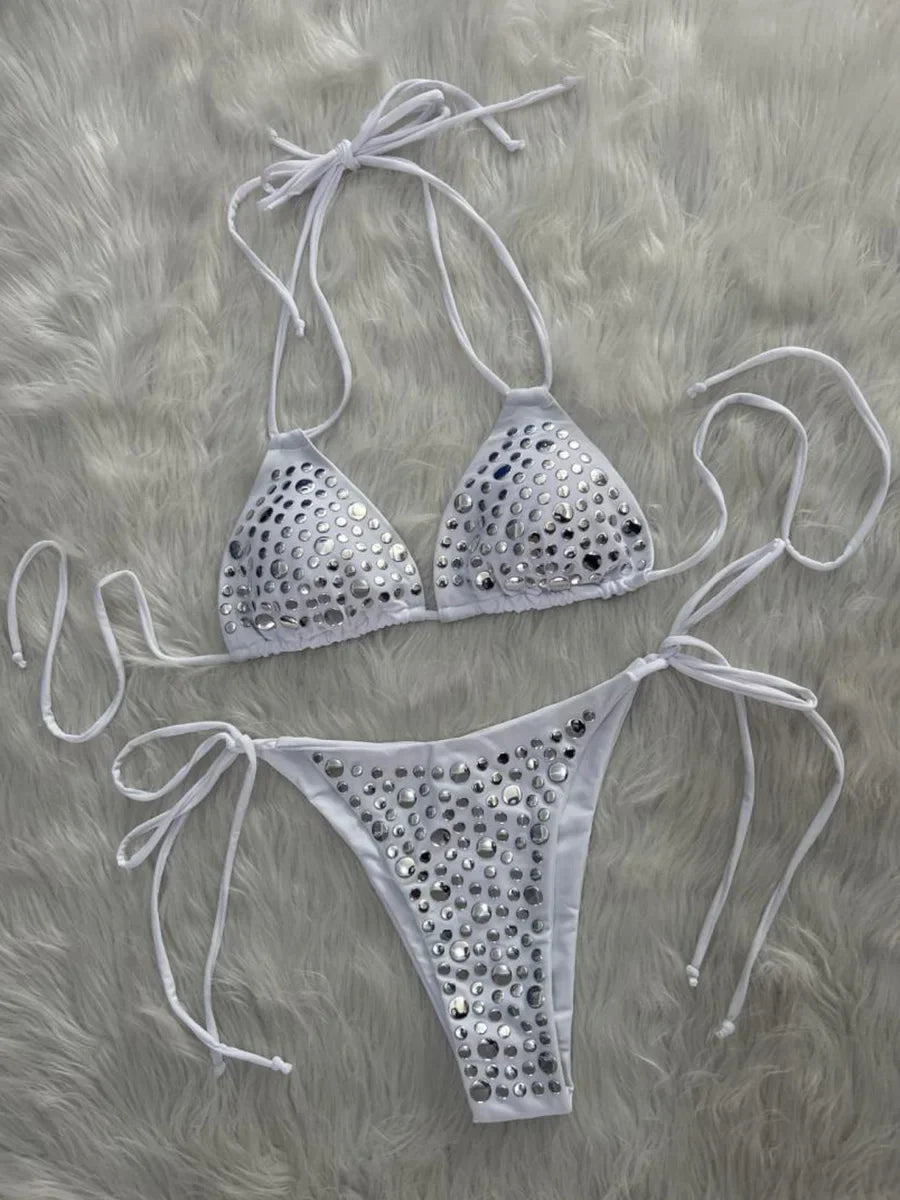 5 Colors UK Size Halter Metallic Sequins Sexy Bikini Women Swimsuit Female Swimwear 2 PCS Bikini Set Bather Bathing Suit Swim Lady Beachwear Women's Summer Beach Outfits