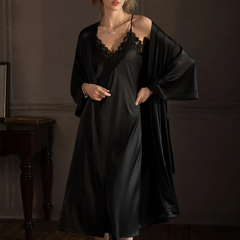 2 PCS Set S-3XL Plus Size Satin Ice Silk 3 Colors Curvy Ladies Long Robe Nightgown Set Pajamas Elegant Kimono Bathrobe Gown Sleepwear Summer Sexy Women's Home Wear Loungewear