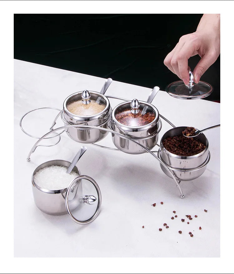 Home Villa Restaurants Hotels Household Luxury 304 Silver/Gold Color Stainless Steel Seasoning Tank Buffet Restaurant Hotel Seasoning Salt Storage Tank with Holder Rack Home Kitchenware Tools Sets
