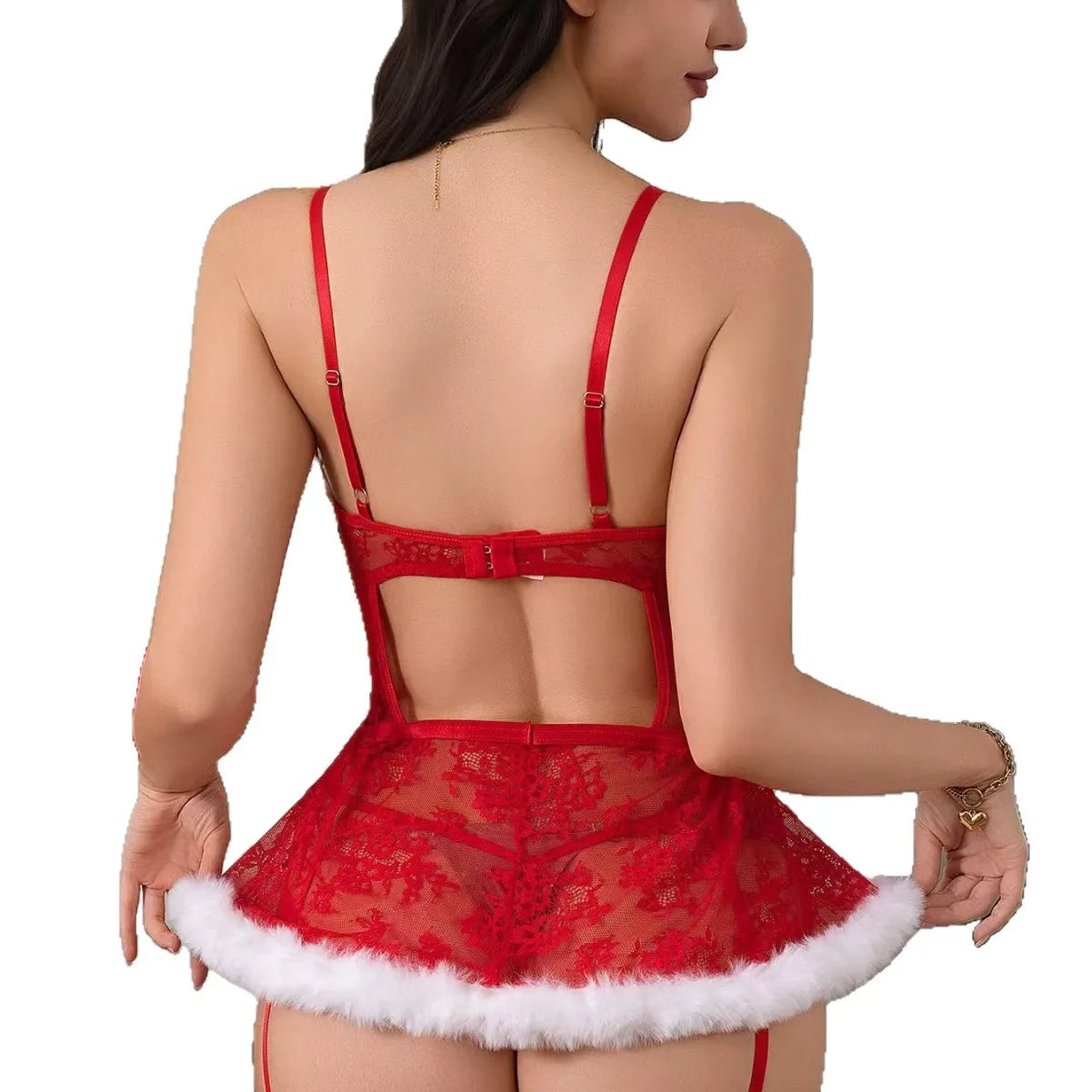 S-XL Red Lace Sexy Backless Strap See through Christmas Uniform Sexy Erotic Underwear Set Role Play Costume New Year Eve Sex Party Women Sexy Lingerie