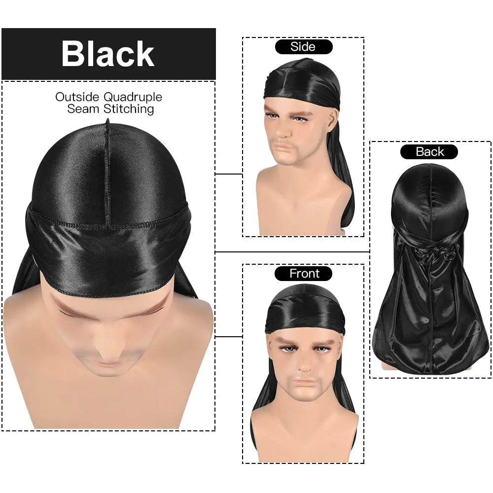3 PCS Ice Silk Set Women Men Silky Durag Headwraps Durag With Free Waves Cap Durags Pack with Long Tail and Wide Straps Bandanas