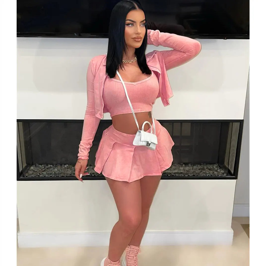NEW Arrivals 3PCS Set UK/Asian Big Size Fashion Tie Dye Vintage Y2K Street Women Vest +Long Sleeve Coat +Mini Pleated Skirts Outfits Female Thick Rubber Clothing Girls Sexy Fashion Apparel Products