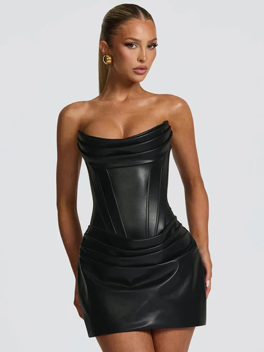 UK Size Burgundy/Black Color PU Leather Off-shoulder Strapless Sexy Mini Dress Women Gown Elegant Backless Sleeveless Ruched Club Party Luxury Dresses