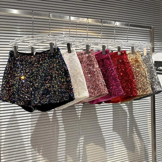 New Arrivals Sexy Clubwear Shorts Ladies Luxury Sequins Shorts Loose High Waist Streetwear Wide Leg Short Pants Sliver Black Women Girls Clothing