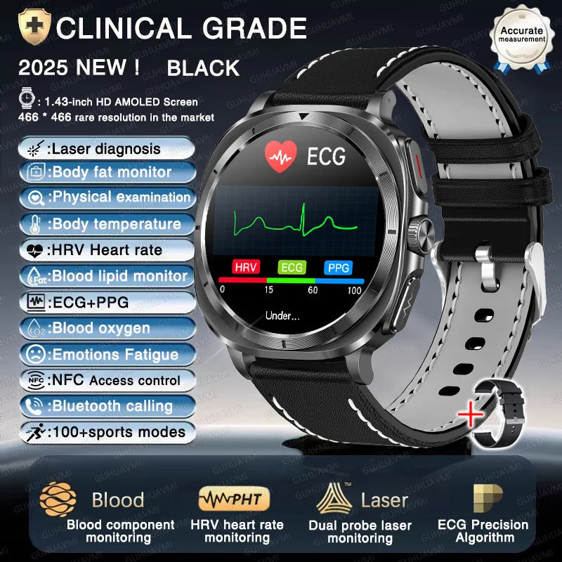 New Laser Therapy ECG Blood Pressure Smart Watch Uric Acid Blood Lipid Organ monitor Clock NFC BT Call Health Watches Men Health Care Supplies