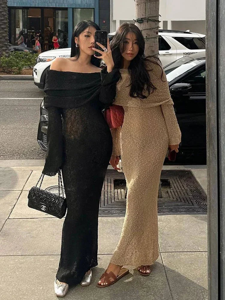 NEW Arrivals UK Size Black/Khaki/White Color Sexy Long Sleeve Hollow Out Knitted Dresses Women Elegant Off Shoulder Knit Long Dress Evening Beach Party Night Club See Through Dress