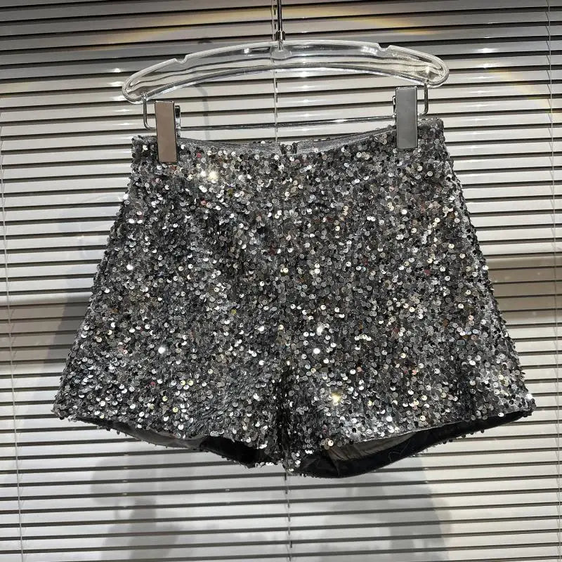 New Arrivals Sexy Clubwear Shorts Ladies Luxury Sequins Shorts Loose High Waist Streetwear Wide Leg Short Pants Sliver Black Women Girls Clothing