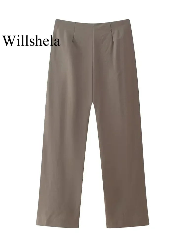 Willshela Women Fashion Two Piece Set Brown Pleated Halter Neck Tops & Straight Pants Vintage Female Chic Lady Pants Suit
