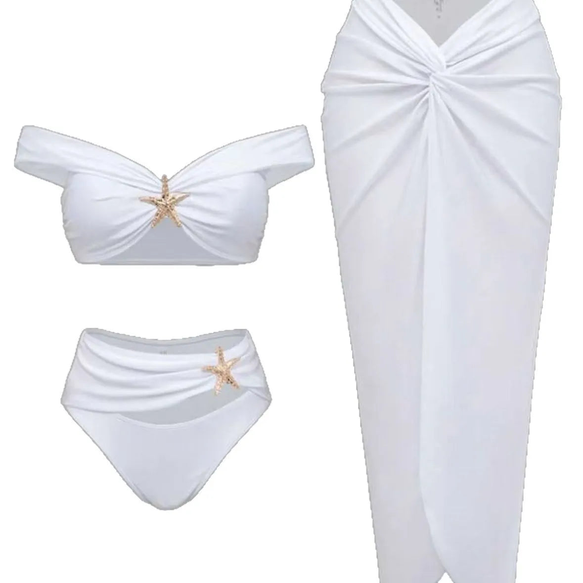 New 3PCS Set Black/White Color European and American Starfish Split Swimsuit Long Skirt Bikini Suit