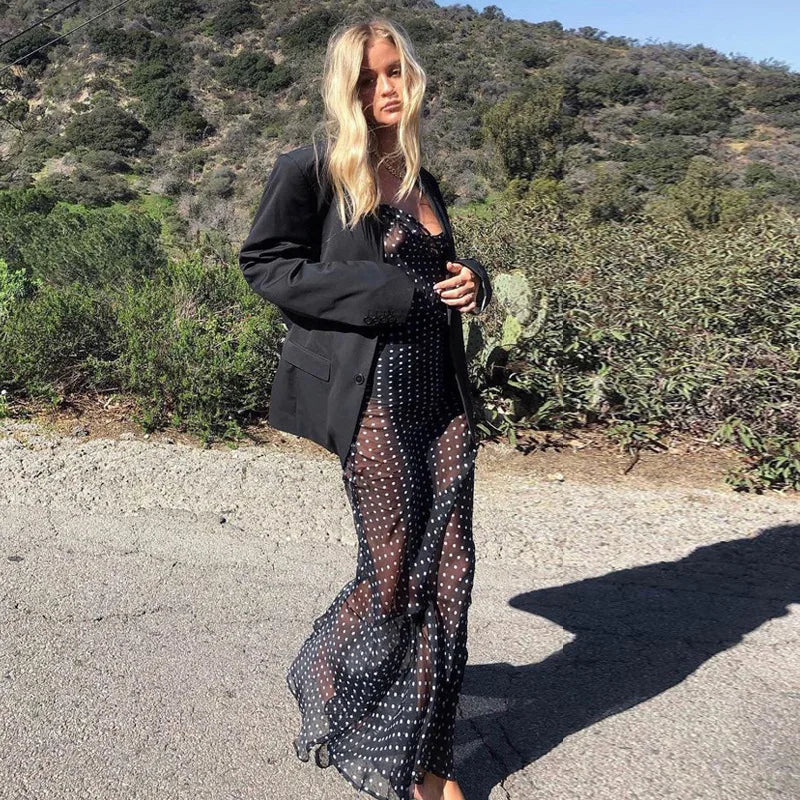 Just Arrived New Women's Mesh Backless Lace-Up Black Maxi Dress, Casual Polka Dot Bikini Cover-Up For Beach Vacations Ladies Summer Bathing Apparel Accessories Beach Clothes