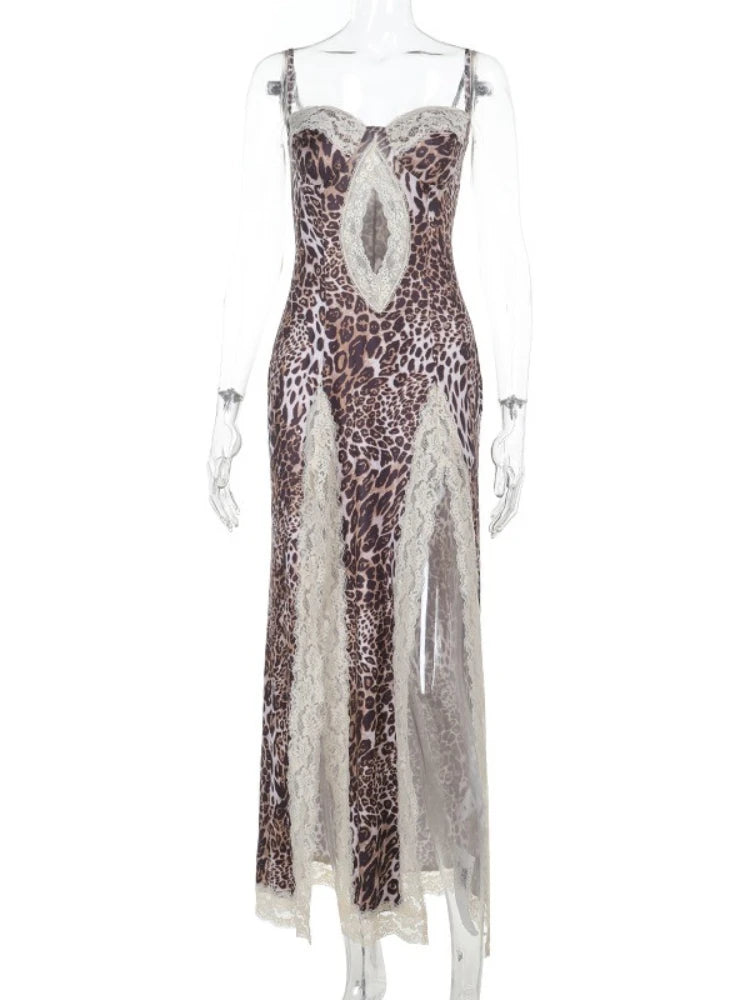 UK Size Sexy Leopard Lace Patchwork Evening Party Dress Women's Summer Night Beach Party  Sleeveless Hollow Out Split Long Gowns Female Evening Prom Dresses