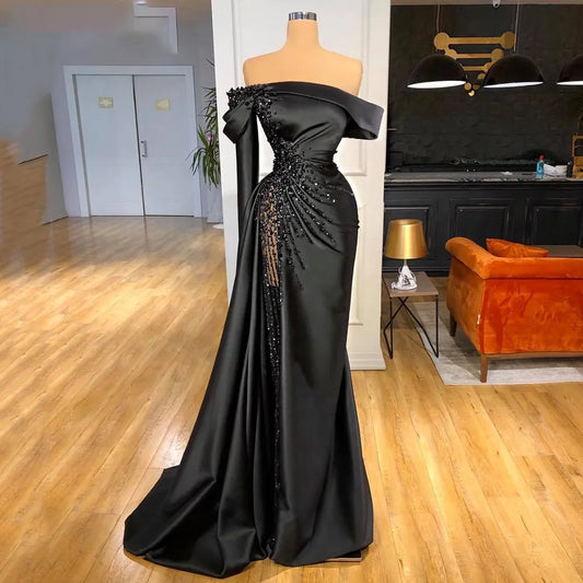 Lily Off-shoulder Black Pageant Party Gown Luxury Pearls Evening Dress Formal Mermaid Sexy Prom Dress Custom