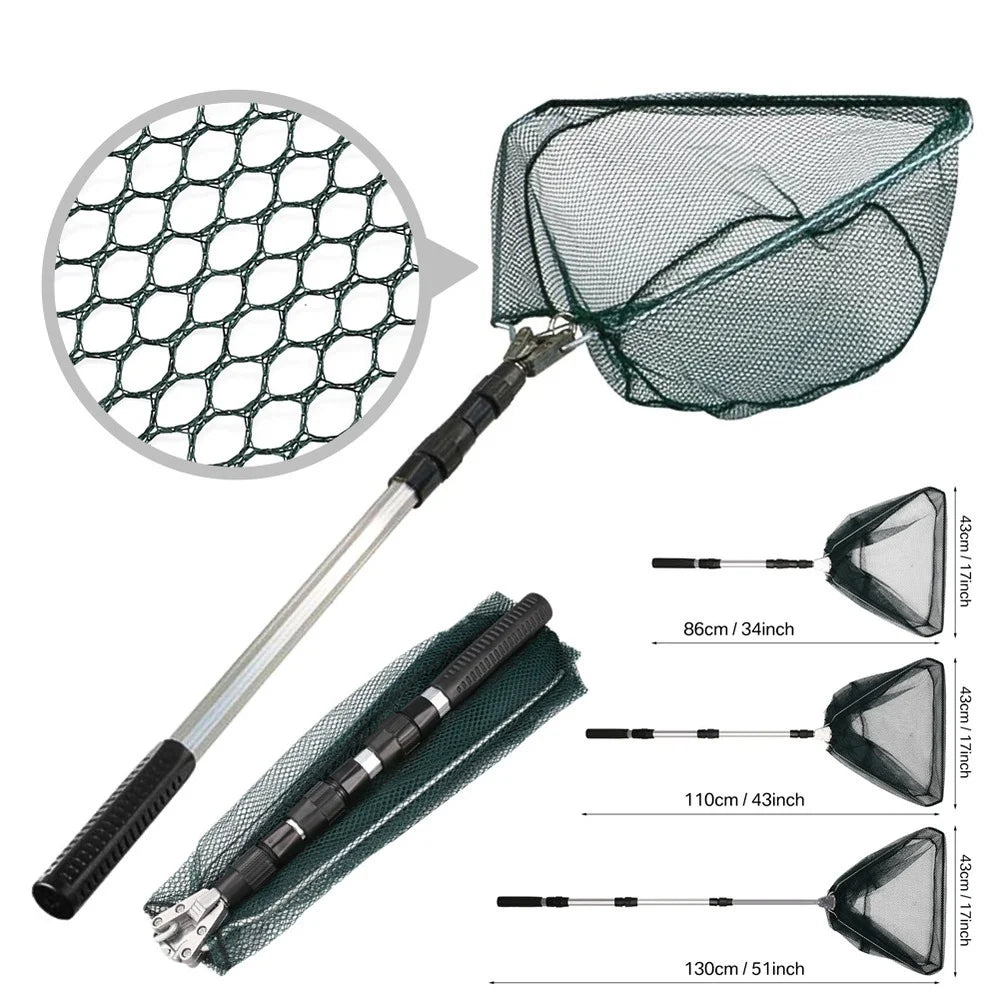 Fishing Landing Net Aluminum Alloy Durable Telescoping Extend to 190cm/130cm/55cm Folding Mesh Safe Fish Catching Releasing Fishing Accessory Sets