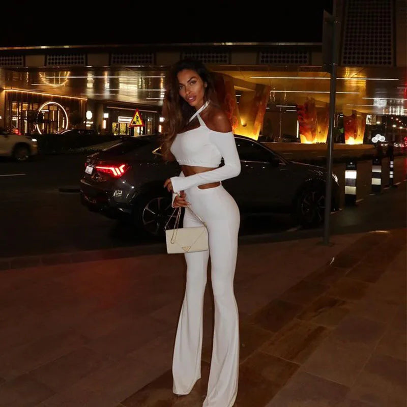 2 PCS Set Black/White Color Women's Tube Top One-Word Shoulder Cross Neck Short Top High Waist Flared Pants Slim Spice Girl Suit NEW Fashion Street Trend