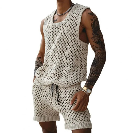 NEW 2PCS Set L(50-70Kg) XL(80-100+Kg) Vest Shorts Set Men's Casual Sleeveless Knit Top Drawstring Shorts Set for Daily Wear Elastic Waist Wide Leg Shorts for Men's