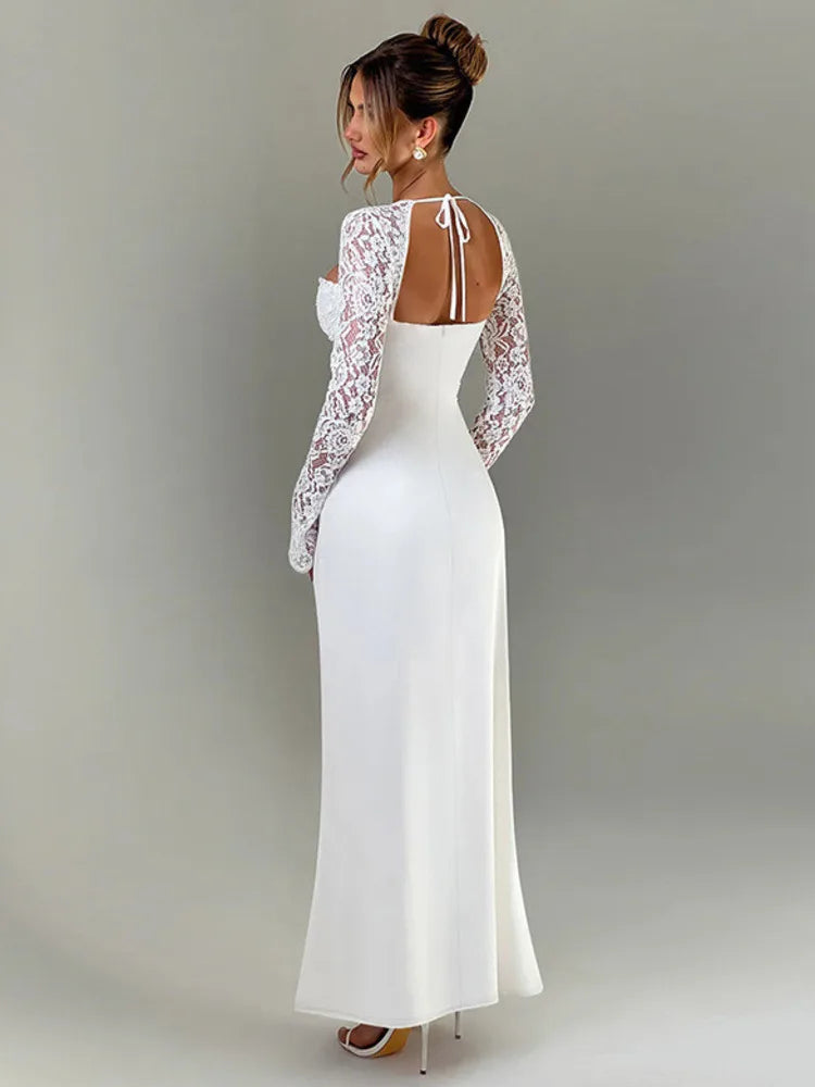 NEW Arrivals UK Size Black/White Color Lace Long Sleeve Sexy Maxi Dress Women Autumn New Square Collar Backless Lace-Up High Split Sexy Evening Beach Night Club Party Long Dress