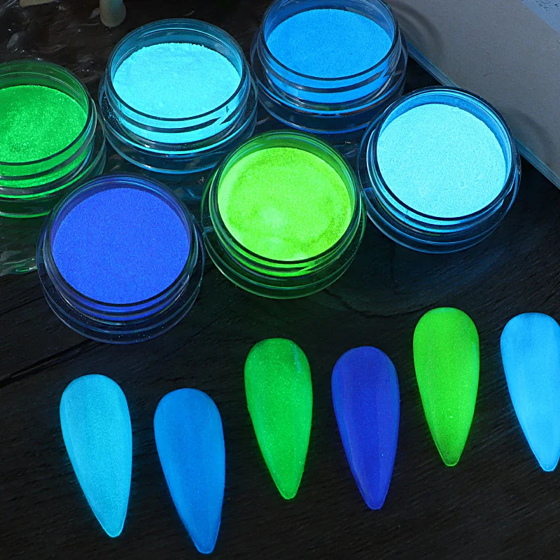 6PCS/SET Luminous Nail Glitter Powder Glow In The Dark Green Orange Neon Pigment Dust Fluorescence Luminescent Manicure Decor