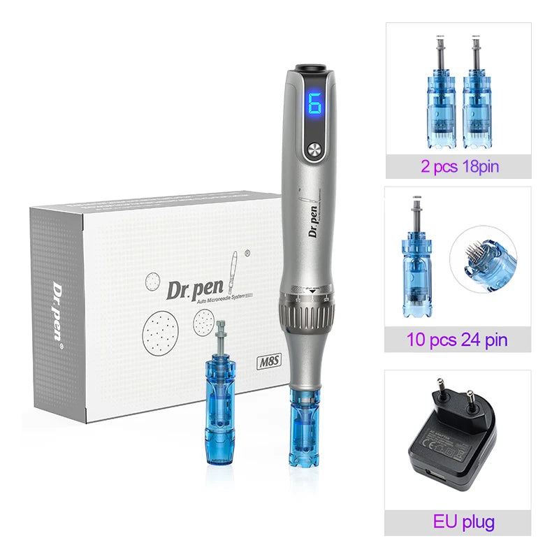 NEW Set Face Eyes Lips Tightening Lifting Rejuvenation Ultima M8S Wireless USB LCD Digital Screen Professional Derma Pen with 12 Needle Microneedle Anti Backflow Micro Pen 0.25 MM Needle Length Ladies Beauty Salon Tools Set S