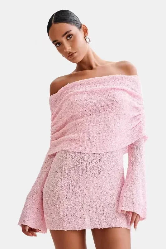 White Mini and Maxi Sexy See Through Dress Slash Neck Knitted Dress Women Thin Autumn Spring Summer Long Sleeve Elegant Vacation Beach Party Midnight Clubwear Mini Bodycon