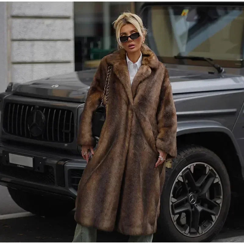NEW HOT SALE Italian Style Luxury Women Ladies Dark Brown Faux Fur Long Overcoat Snow Clothes Supplies  Lapel Single Breasted Loose Fluffy Plush Warm Coat Winter Thicken Outerwear Female Luxury Fashion Clothing Products