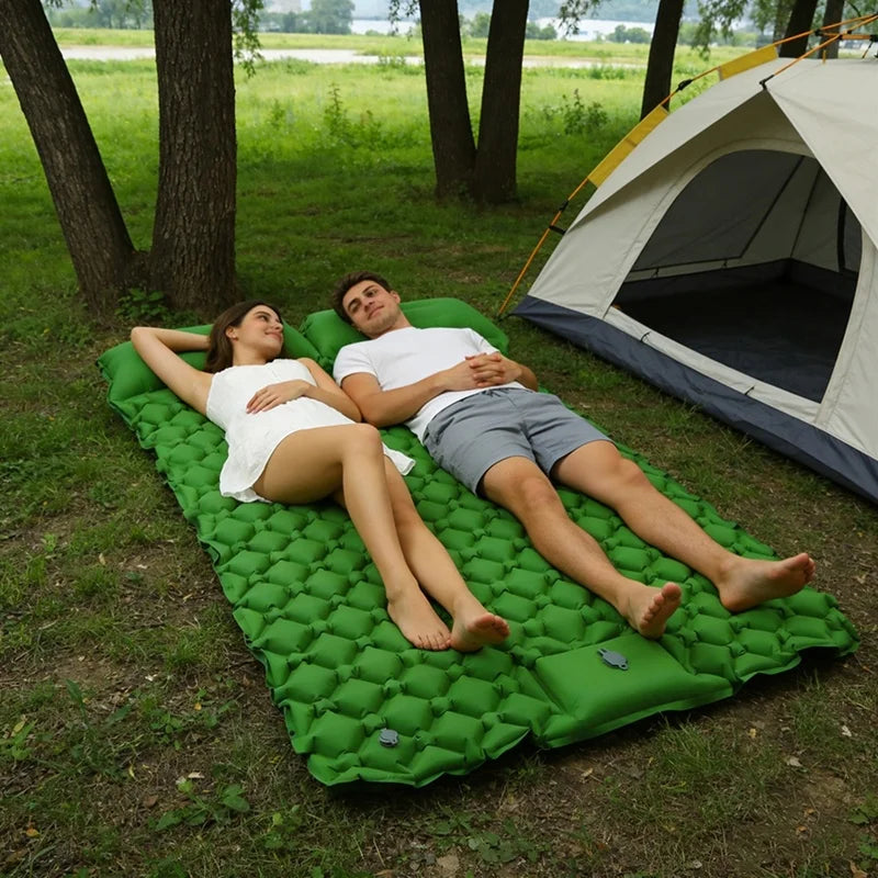 Outdoor Travel Camping Portable Self-Inflating Double Sleeping Mat, Thick Camping Pad with Built-In Pillow & Foot Inflation for Outdoor Adventure