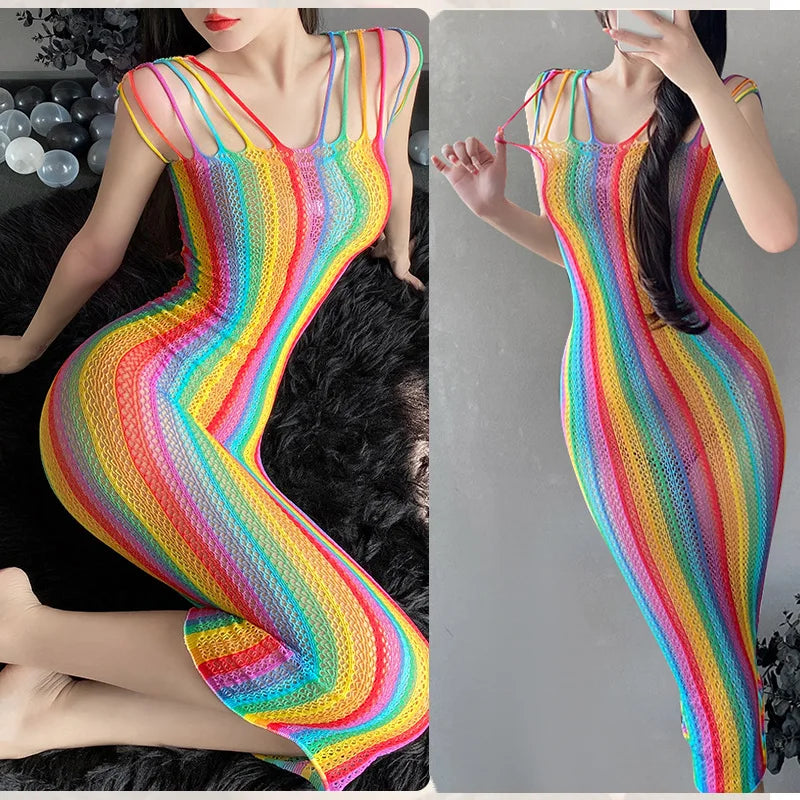 Pride Rainbow Hollow Out Dress Bikini See Through Lace Cover Up Women Swimwear Clothing Babydolls Sexy Lingerie Colorful Fishnet Skirt