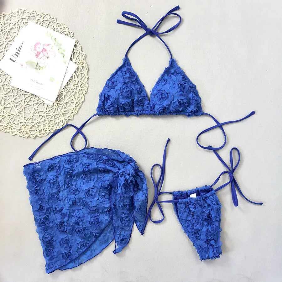 3 PCS Set Sexy Bikini Floral Fabric Strap Women's Triangle Bag Cross-Border New Arrival Top Quality Swimwear for Swimming Women Summer Beach Apparel Clothing Suits