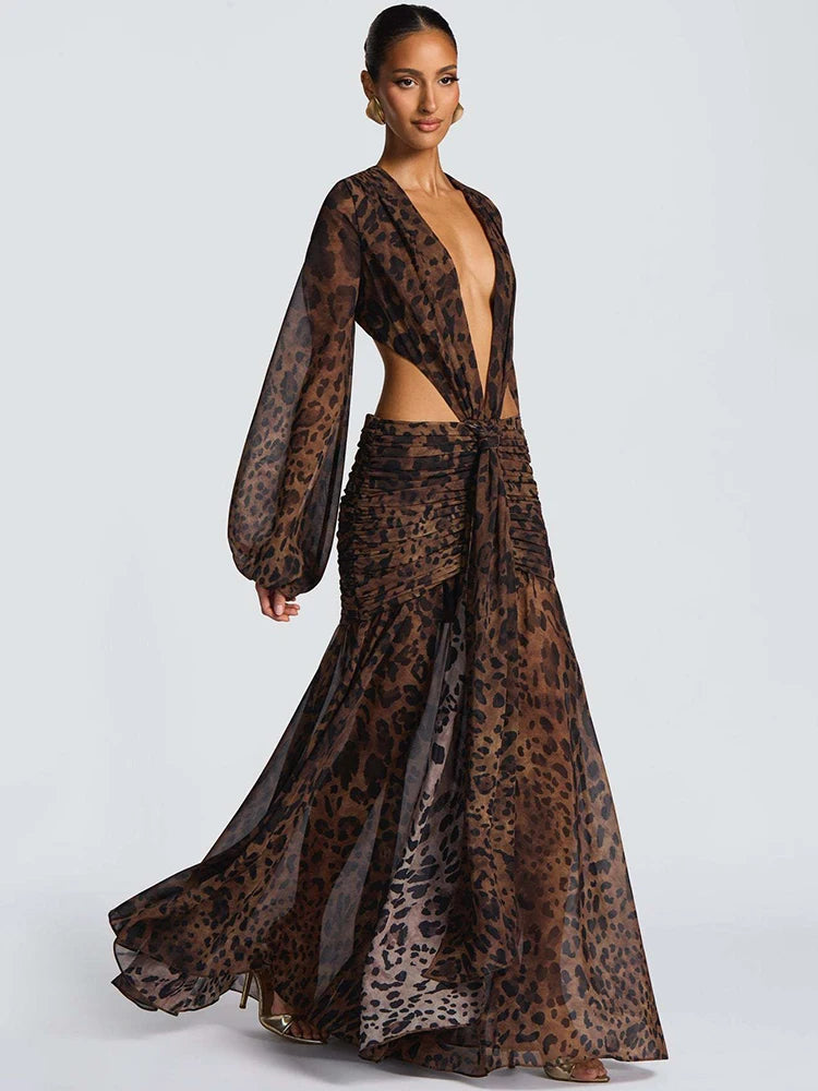 S-L UK Size 4 Colors Leopard  Long Sleeve Sexy Maxi Dress Women Fashion Hollow Out Backless Draped Ruched Bodycon Club Party Long Dress
