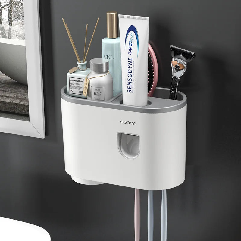 NEW Arrivals  Wall Mounted 5 Cups Toothbrush Holder Magnetic Adsorption Inverted Toothpaste Squeezer Double Automatic Toothpaste Dispenser Bathroom Accessories