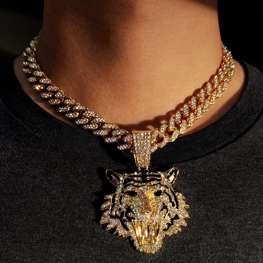 Luxury Rhinestones Gold/Silvery Color Hip Hop Tiger Head Pendant Necklace for Men Women, Iced Out Rhinestone Cuban Link Chain, Animal Bling Jewelry Gifts
