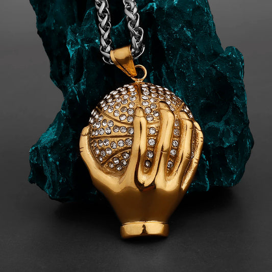 Hip-Hop Trend Golden Hand Basketball Necklace + Chain Stainless Steel Pendant Men's Fashion Street Hip-Hop Rap Male Pendant Necklace Jewelry Accessories