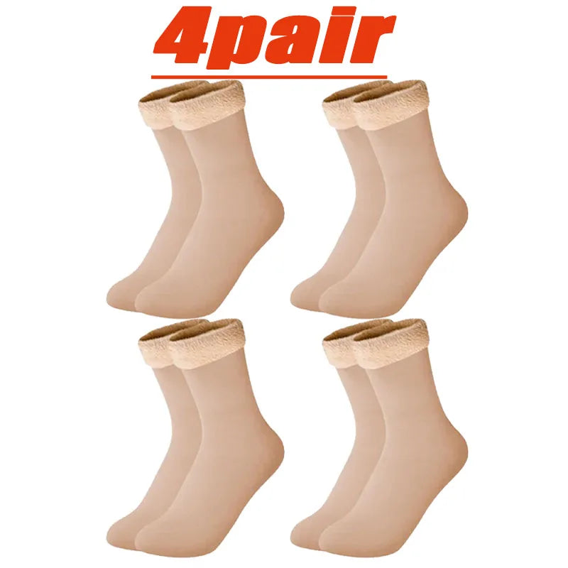 4 Pairs Set Winter Warm Thermal Socks Soft Thicken Plush Socks Solid Color Velvet Wool Snow Boots Floor Socking Outdoor Skiing Snowboard Mountain Hiking Climbing Cycling Socks Sets
