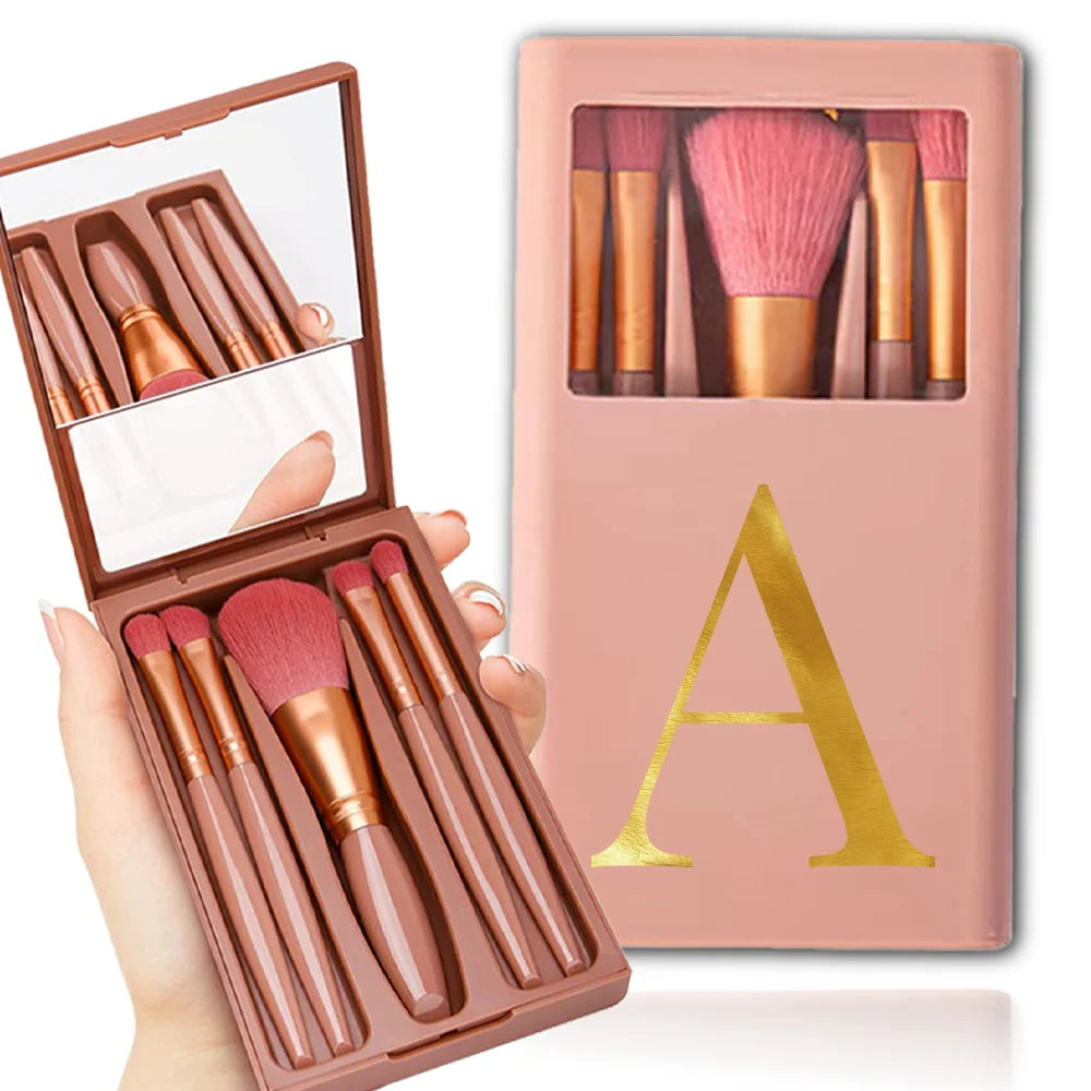 NEW Arrivals 5 PCS Set  Cosmetic Brushes Travel Kit With Mirror Organizer Case Make-Up Powder Smudge Brush Set Full Series Storage Box Letter Pattern Women Cosmetic Accessories