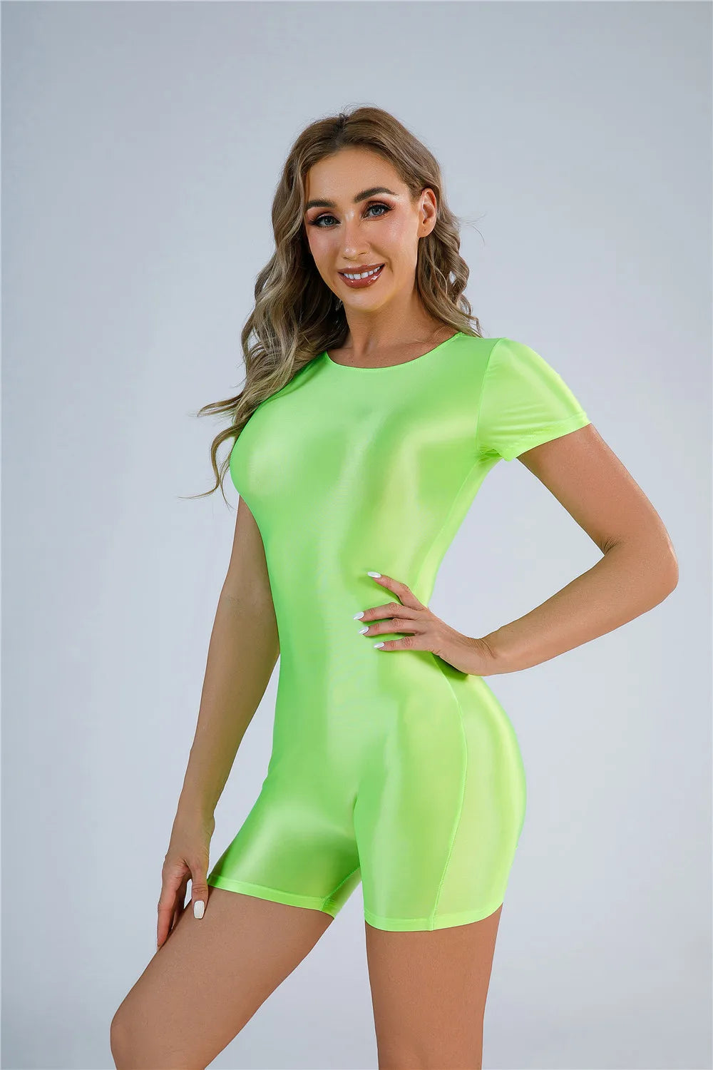 10 Colors Sexy Women Yoga Shaper Tight Oil Glossy Shiny Tube Bodysuit Elastic One Piece Thong Candy Color Sexy Tights Bandage Satin Shaper Leotard Short Tights Sports Apparel Clothing Supplies