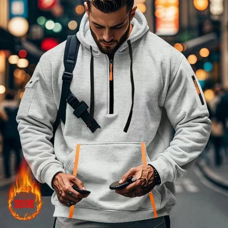 NEW Arrivals 2PCS Set S-3XL 8 Colors Autumn and Winter Men's New Multi-Pocket Zipper European Size Warm Long-Sleeved Hooded Sweatshirt + Pants Gym Fitness Suit Male Men Sports  Casual Fashion Apparel Supplies