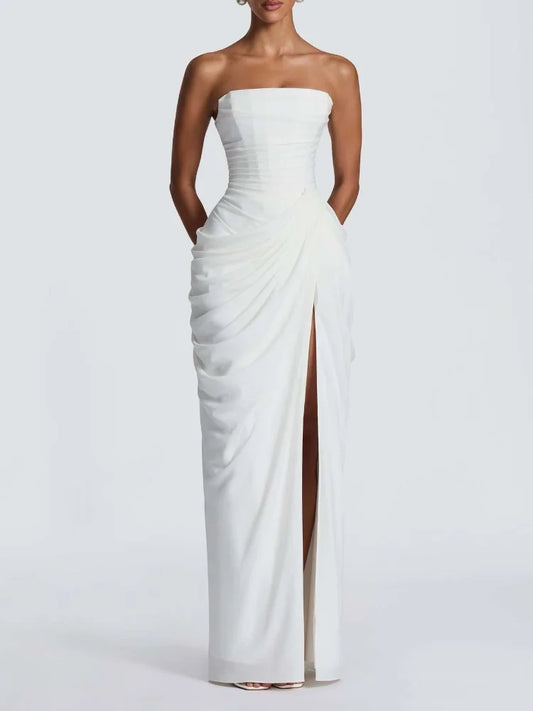7 Colors Elegant Strapless Women's Dresses Sleeveless Waist Cinching Pleated Split Party Dress Spring Summer Evening Party Trendy Female Fashion