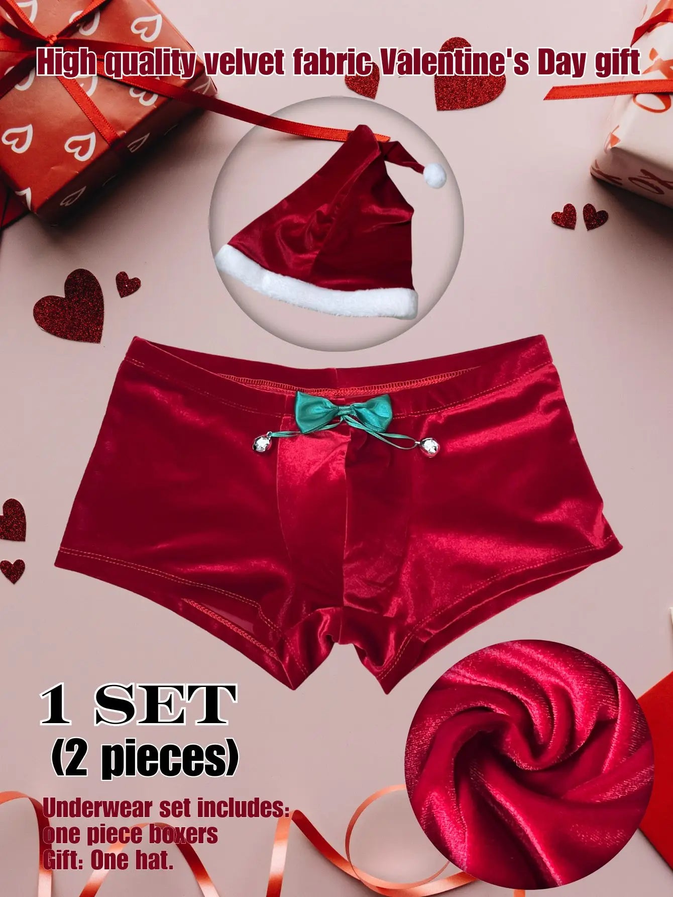 NEW Arrivals 2PCS Velvet Set S-3XL Plus Size Free Christmas Boxer + Hat 】1Set Men's High-Quality Velvet Sexy Underwear, Featuring Bowknot and Bell Christmas Design
