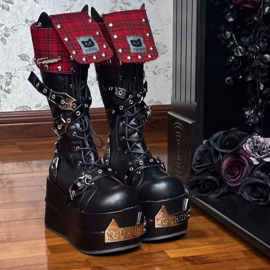 NEW Arrivals Lolita Style Leather Boots Metal Decoration Round Toe Thick Sole Platform Chunky Heel Women Girls Boots Lace Up Popular Y2K Gothic Punk Street Shoes