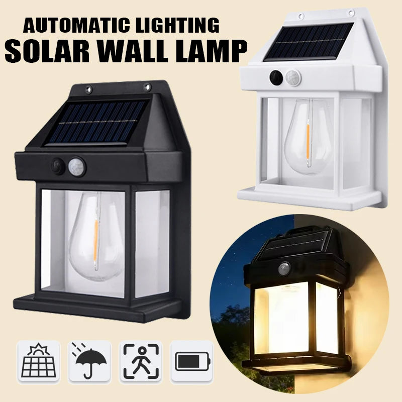 4 PCS Set Home Outdoor Solar Tungsten Wall Lamp Human Body Induction Dimmable Lithium Battery IP65 Waterproof LED Night Filament Light for Gardens Garage Courtyard