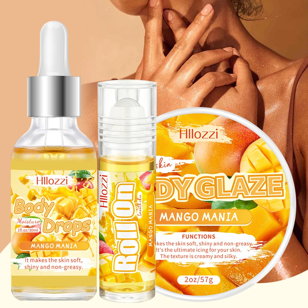 3 PCS Set Mango Body Glaze Drops and Oil Set includes a Rollerball Applicator, Suitable for Dry Skin, Providing Moisturizing Hydrating Skin Care Sets Korean Products