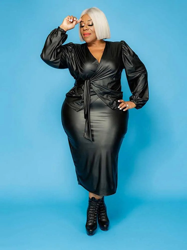 2 PCS Set XL-5XL Plus Size Blue/Black Color Curvy Women's Winter  Leather Blazer and Skirt Ladies Outfits Elegant Stretchy Top Quality PU Leather Skinny Matching Sets
