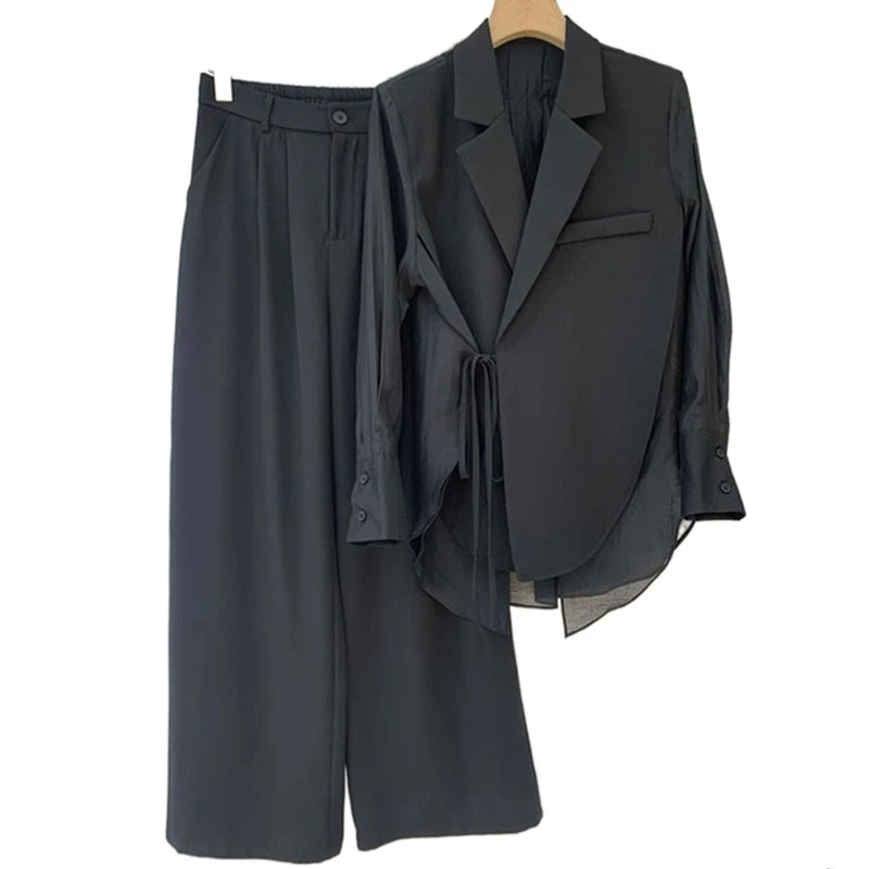 2PCS Set Luxury Women Summer Workwear Shirt Patchwork Short/Long Blazers Shorts Suits  New  Office Lady Lace Up Tops Pants Outfits Ladies Luxury Fashion Clothing Supplies