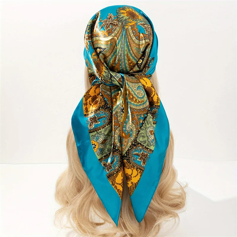 New 90x90cm 18 Colors Silk Shawl Satin Square Scarf For Women Paisley Neckerchief Female New Headband Hair Bands Print Foulard Hijab Wraps Bandana Women Apparel Accessories