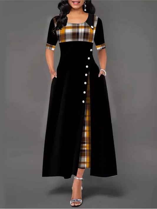 NEW Arrivals UK S-3XL Plus Size 4 Colors Women's Irregular Lattice Patchwork Long Dresses Vintage Buttons O Neck Half Sleeves Casual Lady Commuting Dress Fashion