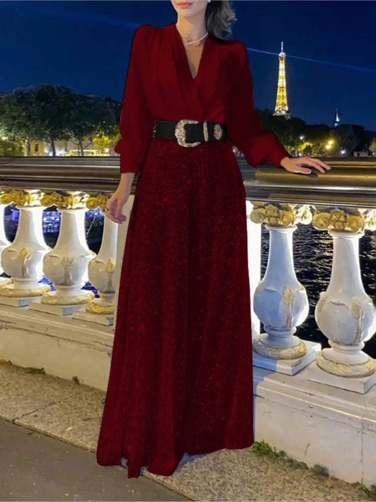 S-3XL 8 Colors Plus Size NEW Arrivals Women's Girls Fall New Fashion V-Neck Long Sleeved Shirt Elegant Sexy V-Neck Slimming Waist Sequin Wide Leg Jumpsuit Set Evening Night Wedding Birthday Party Suit Female Ladies Luxury Fas