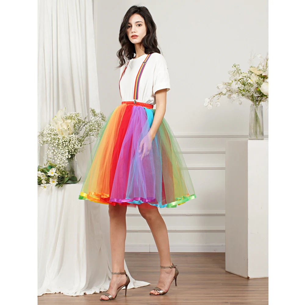 Colorful Women Rainbow Short Skirt High Elastic Band 5 Layers Soft Tulle Tutu Crinoline Underskirt Girls Prom Party Ball Gown