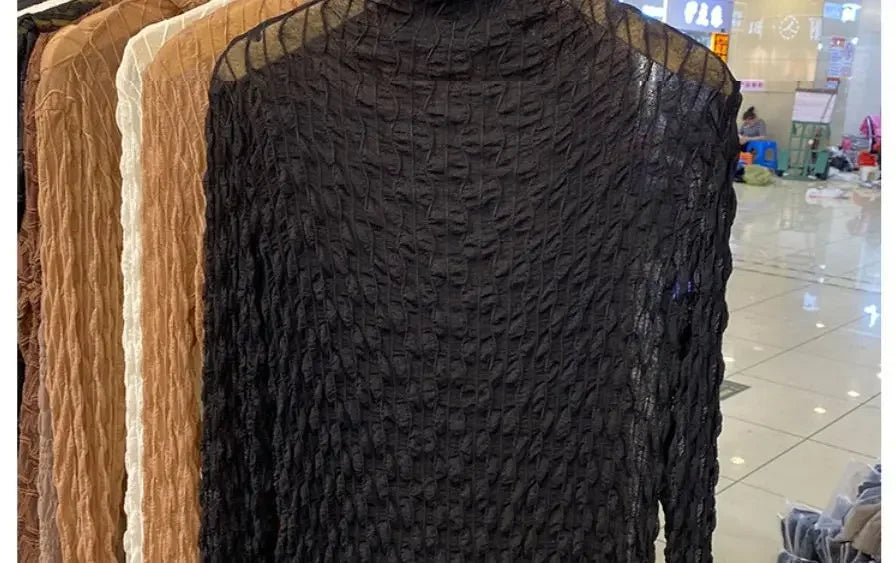 NEW Arrivals S-2XL 6 Colors European Style Polo/Turtle Neck Lace Base Layer Top Women's Long Sleeve 2021 Spring Autumn Thin Versatile Transparent Inner Top