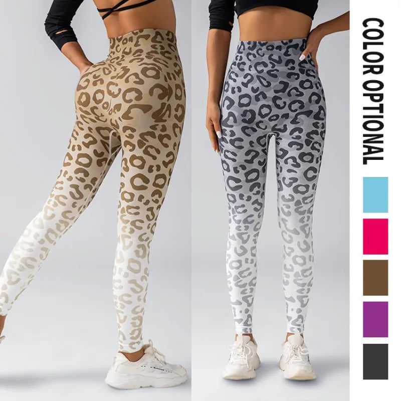 Digital Printed Fitness Pants with Leopard Print Yoga Pants Seamless High Waisted Gradient Sports Yoga Pants for Women Fitness